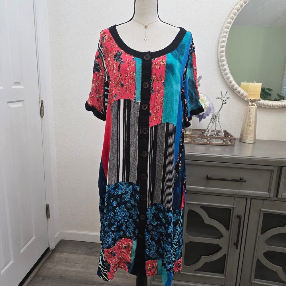 LA CERA Patchwork Button Dress XL Boho Artsy Short Sleeve Lagenlook Bohemian - Picture 2 of 10